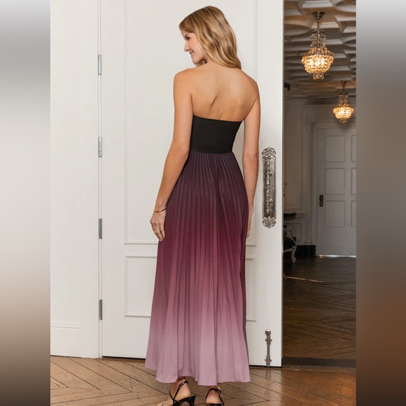 Red Ombre Strapless Pleated Maxi Dress Elegant Black and Purple Strapless Dress - Picture 2 of 7